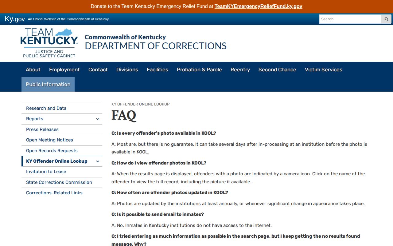 Kentucky DOC offender photo policy for Lee County records